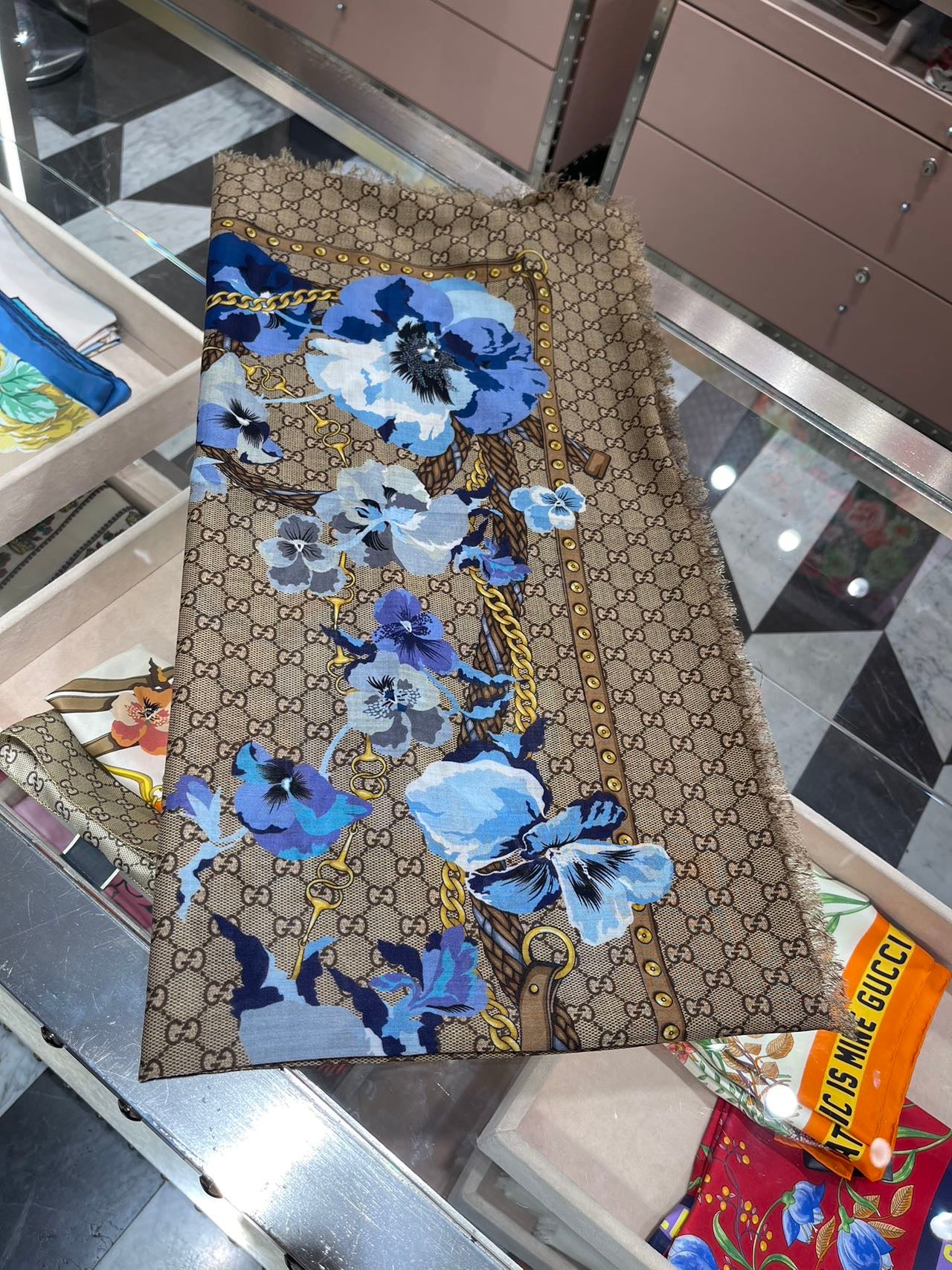 Gucci unisex scarves 古馳藍扶桑花logo圍巾