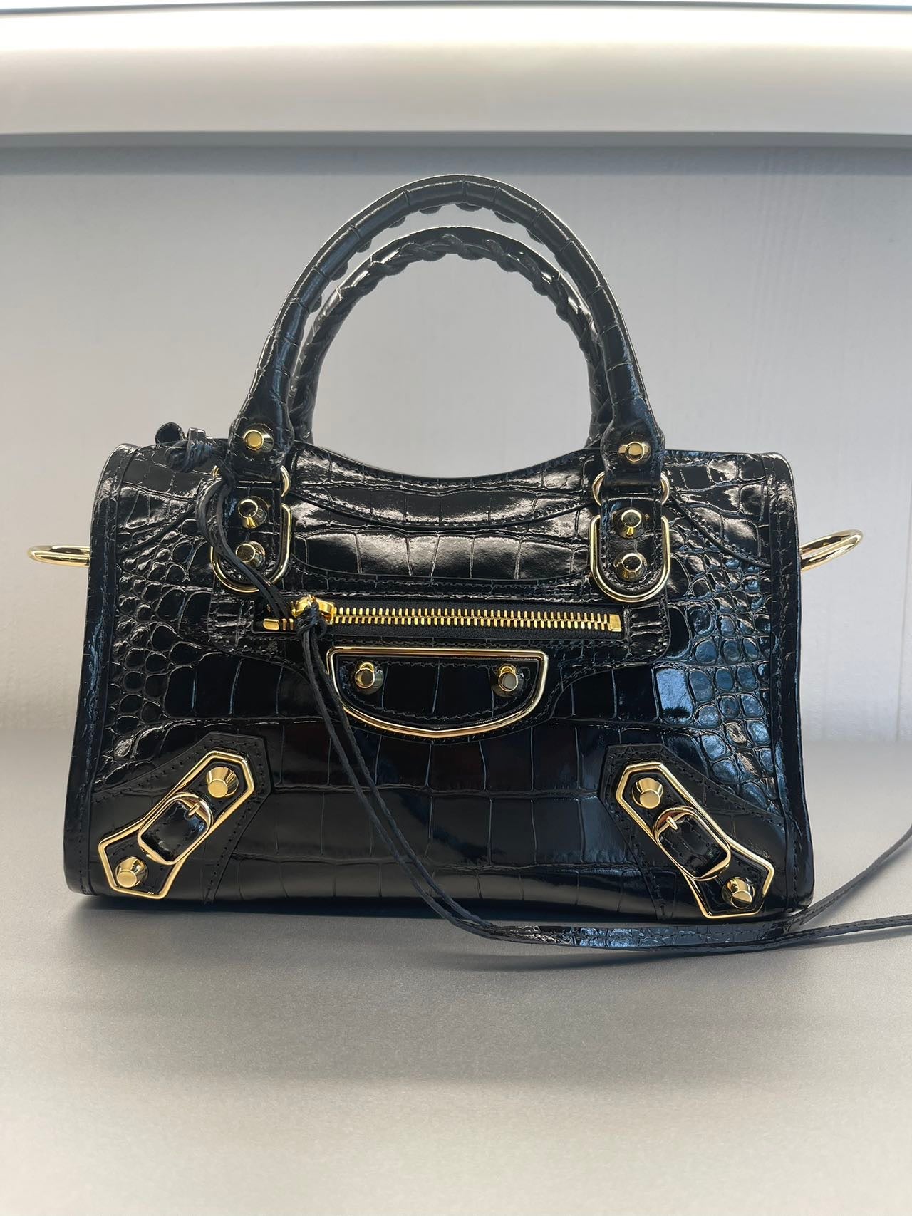 BALENCIAGA shiny croc print mini CITY 巴黎世家亮皮鱷魚壓紋迷你城市包