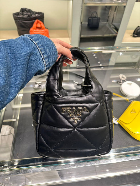 Prada leather tote bag 格紋亮面手拿托特包
